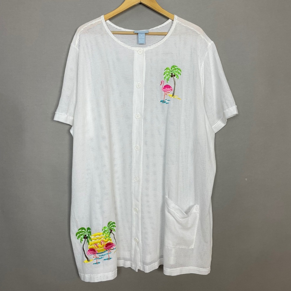 Liz & Me Mesh Cover-Up Shirt Embroidered Flamingo Palm Tree Beach Pool Top 3X